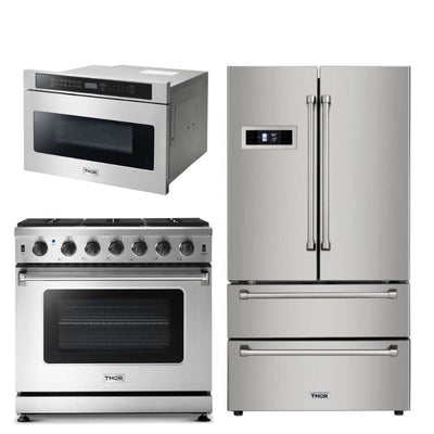 Thor Kitchen Appliance Package - 36 in. Gas Range, Refrigerator, Microwave Drawer - TMD-LRG3601U
