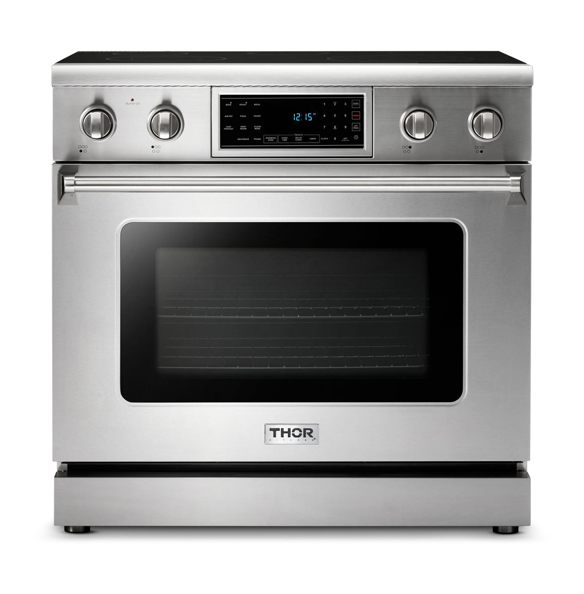 Thor Kitchen 4-Piece Appliance Package - 36-Inch Electric Range with Tilt Panel, Refrigerator with Water Dispenser, Wall Mount Hood, & Dishwasher in Stainless Steel