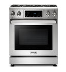 Thor Kitchen 5-Piece Appliance Package - 30-Inch Gas Range with Tilt Panel, Refrigerator with Water Dispenser, Wall Mount Hood, Dishwasher, & Wine Cooler in Stainless Steel