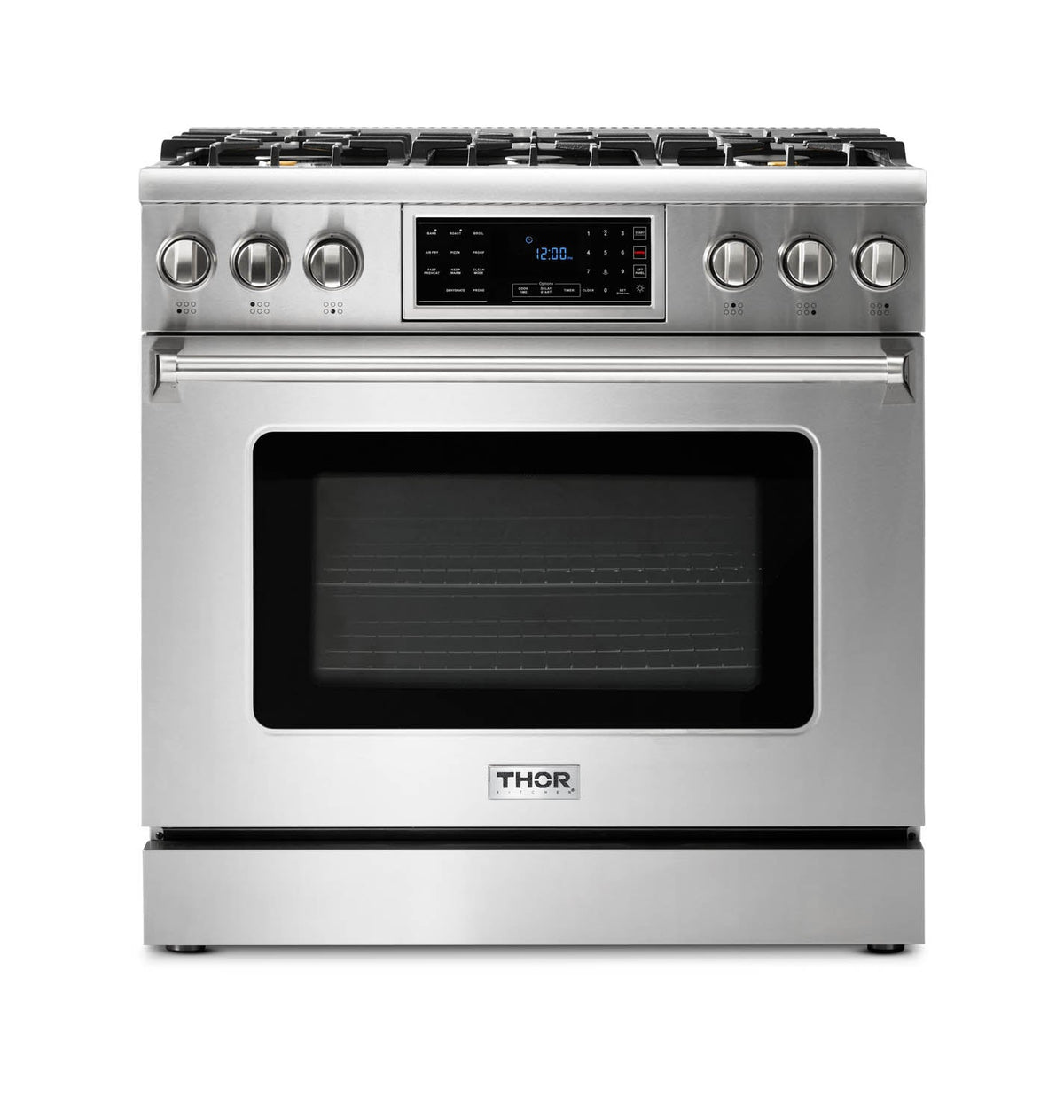 Thor Kitchen 4-Piece Appliance Package - 36-Inch Gas Range with Tilt Panel, Refrigerator with Water Dispenser, Pro-Style Wall Mount Hood, & Dishwasher in Stainless Steel