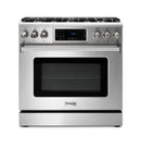 Thor Kitchen 5-Piece Appliance Package - 36-Inch Gas Range with Tilt Panel, French Door Refrigerator, Pro-Style Wall Mount Hood, Dishwasher, and Microwave Drawer in Stainless Steel
