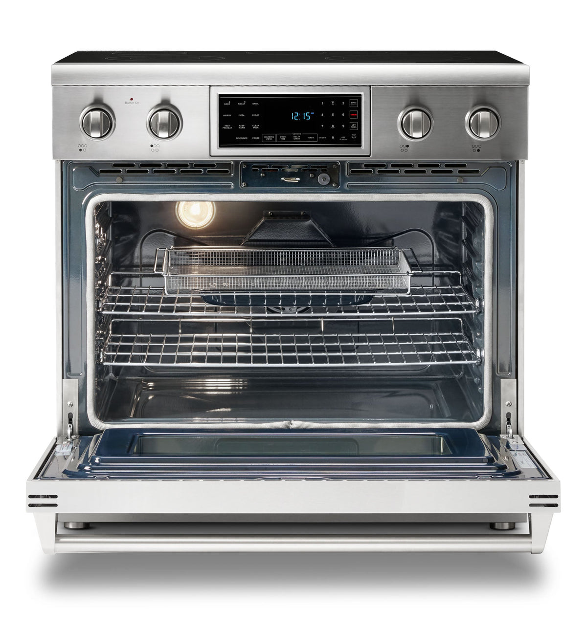 Thor Kitchen 5-Piece Appliance Package - 36-Inch Electric Range with Tilt Panel, Refrigerator with Water Dispenser, Pro-Style Wall Mount Hood, Dishwasher, & Wine Cooler in Stainless Steel
