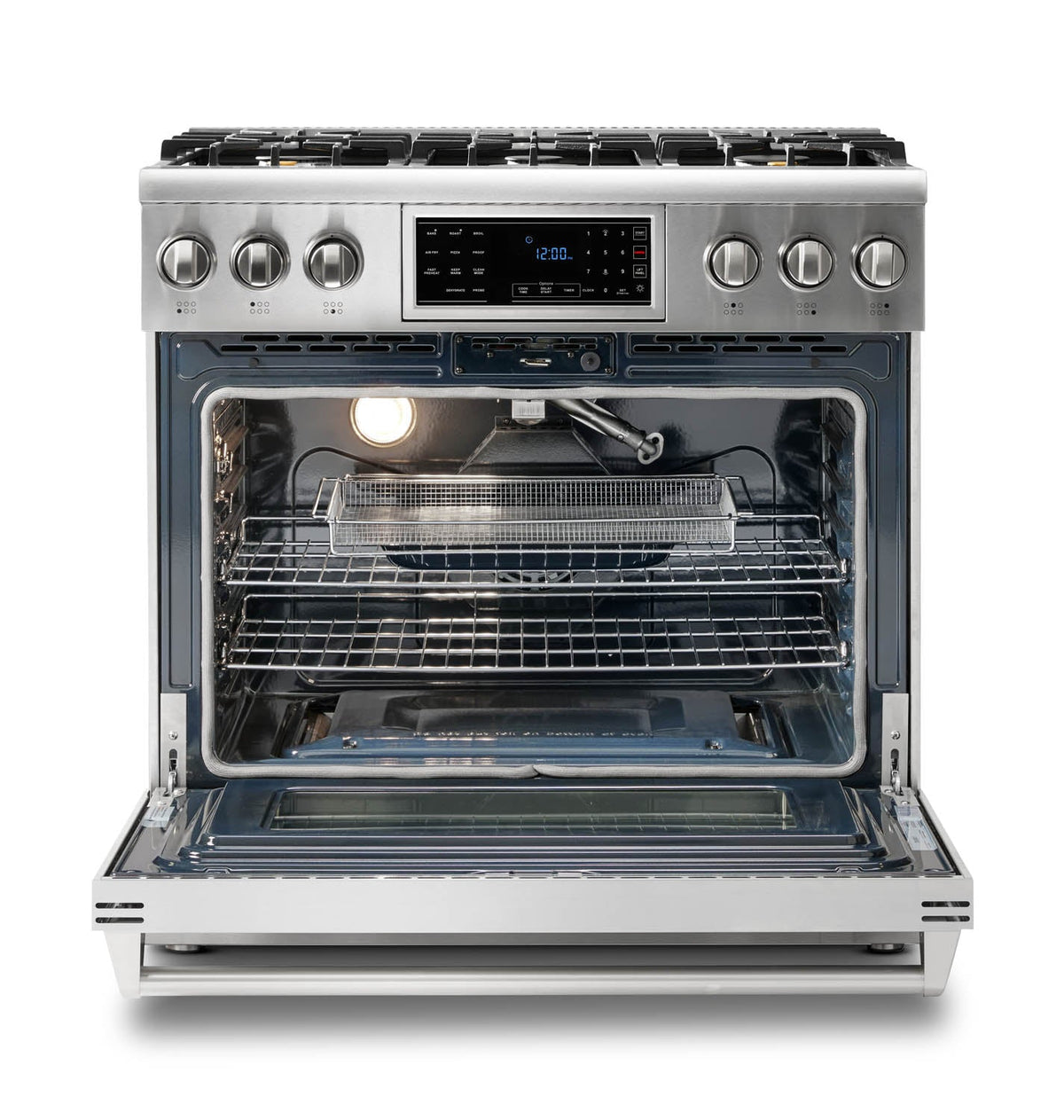 Thor Kitchen 4-Piece Appliance Package - 36-Inch Gas Range with Tilt Panel, Refrigerator with Water Dispenser, Pro-Style Wall Mount Hood, & Dishwasher in Stainless Steel