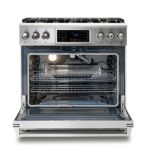 Thor Kitchen 4-Piece Appliance Package - 36-Inch Gas Range with Tilt Panel, Refrigerator with Water Dispenser, Pro-Style Wall Mount Hood, & Dishwasher in Stainless Steel