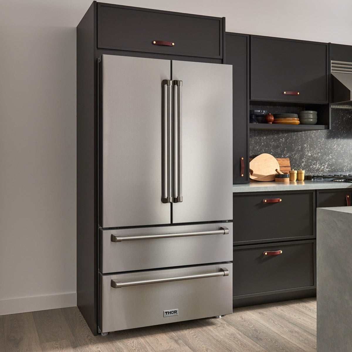 Thor Kitchen 4-Piece Appliance Package - 36-Inch Gas Range, Pro-Style Wall Mount Range Hood, Refrigerator, and Dishwasher in Stainless Steel