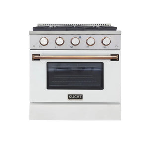 Kucht Signature 30-Inch Gas Range with Convection Oven in White with White Knobs & Gold Handle KNG301-W-GOLD