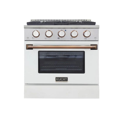 Kucht Signature 30-Inch Gas Range with Convection Oven in White with White Knobs & Gold Handle KNG301-W-GOLD