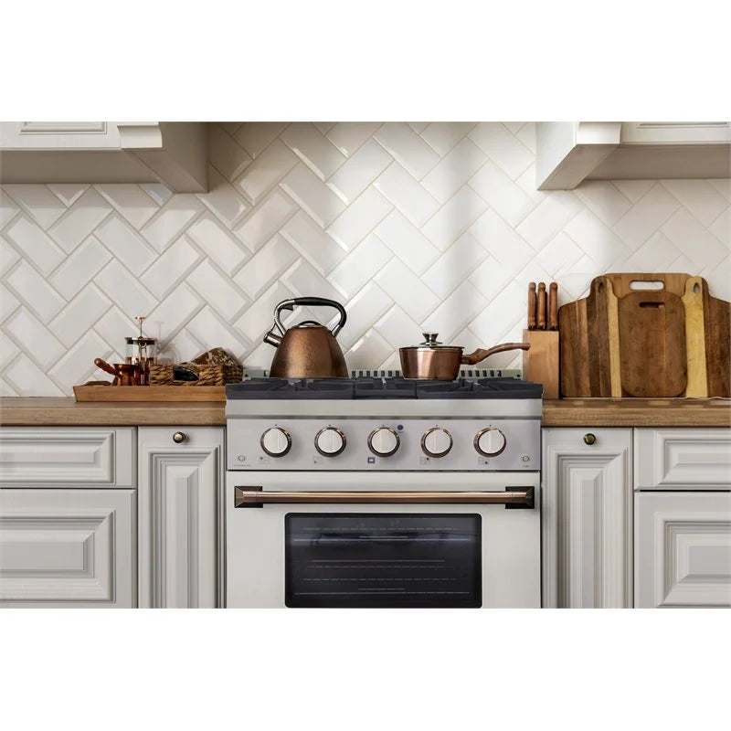 Kucht Signature 30-Inch Gas Range with Convection Oven in White with White Knobs & Gold Handle KNG301-W-GOLD
