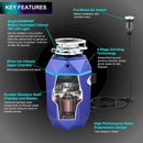 FORNO Acqua BrightDiamond 3/4HP Super Quiet Garbage Disposal Corded with Motion Sensor Cabinet Light & Pre-Wired Air Switch - MyBBQDirect