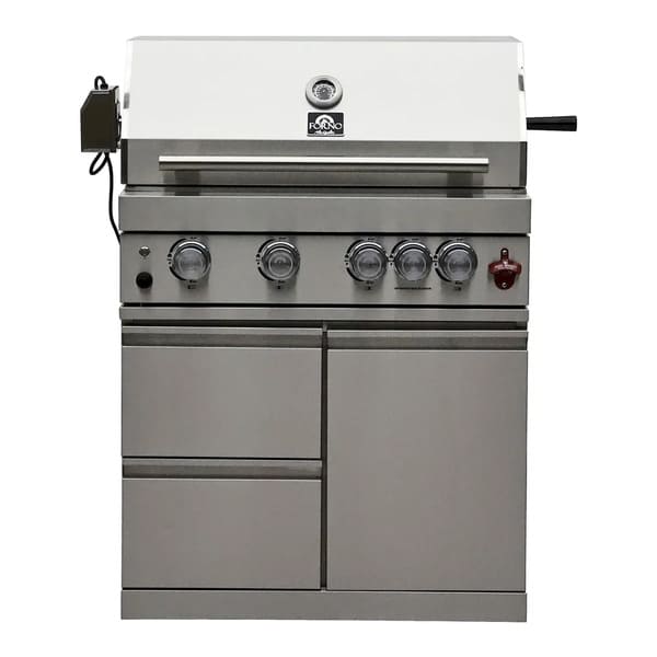 FORNO Bulnes Outdoor Kitchen 30-Inch BBQ 60,000 BTU, with Sear, Rotisserie Infrared Burners, 1.8 Cu.Ft. Beverage Center, & Black/White Countertops - MyBBQDirect
