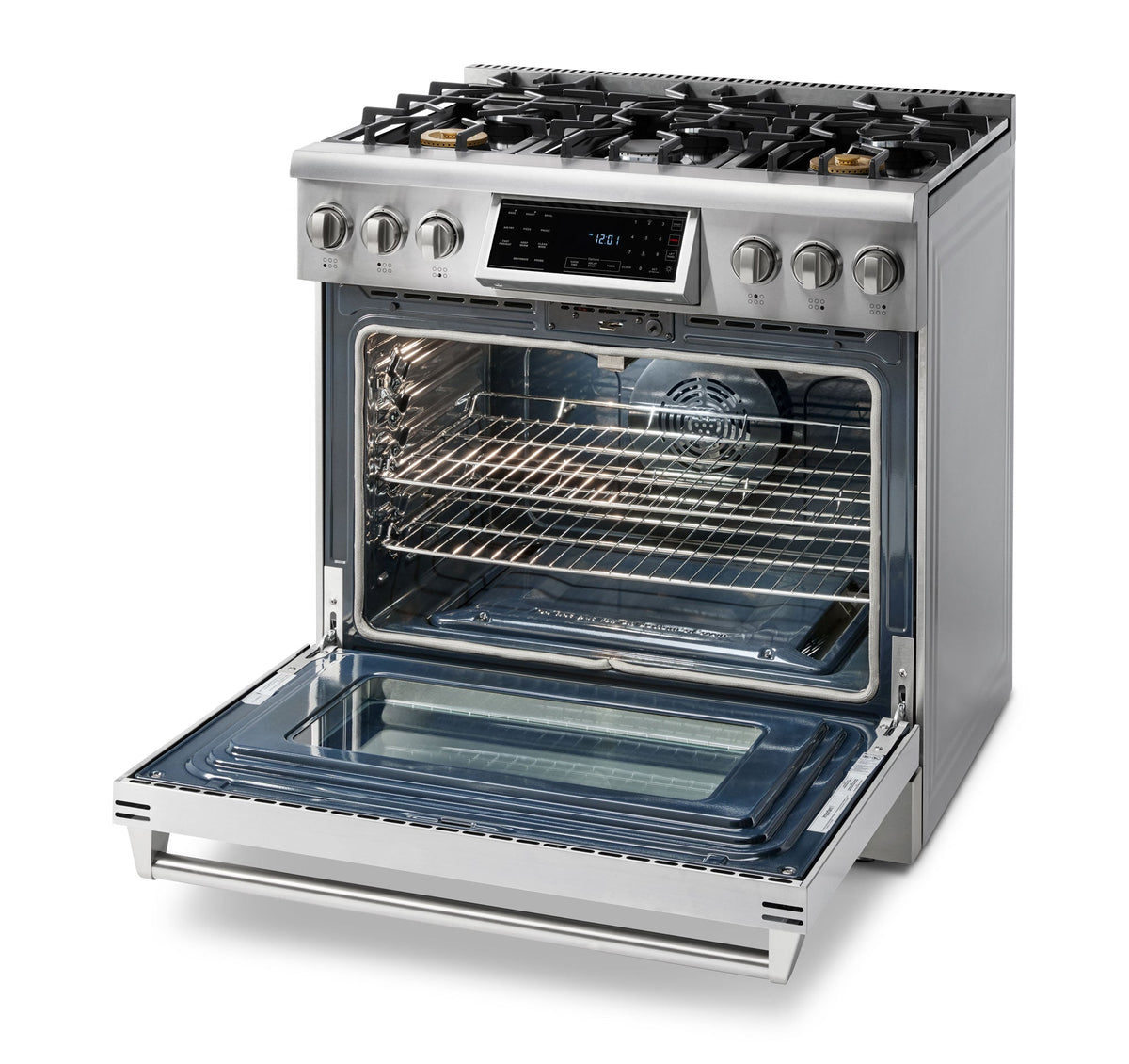 Thor Kitchen 4-Piece Appliance Package - 36-Inch Gas Range with Tilt Panel, Refrigerator with Water Dispenser, Pro-Style Wall Mount Hood, & Dishwasher in Stainless Steel