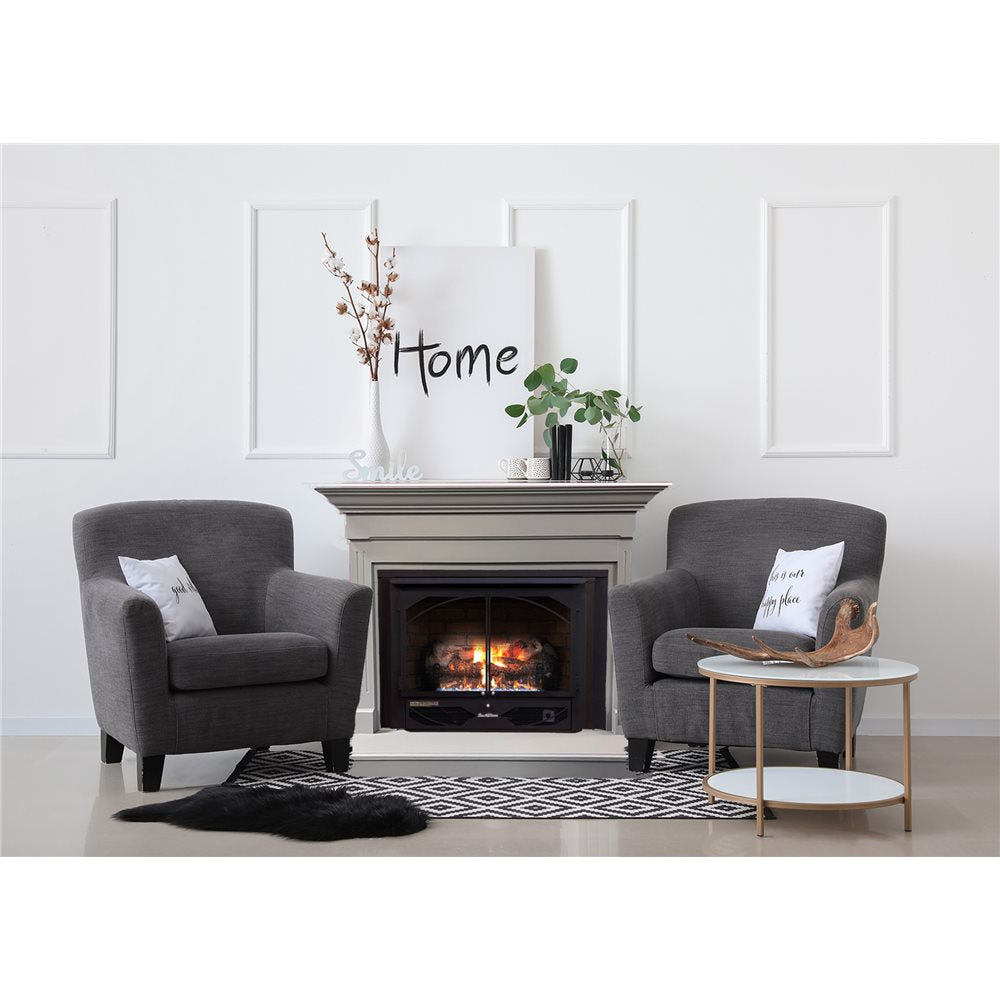 Buck Stove Farmhouse Contemporary mantel in Gray with Model 384