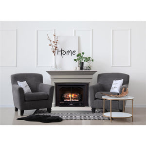 Buck Stove Farmhouse Contemporary mantel in Gray with Model 384