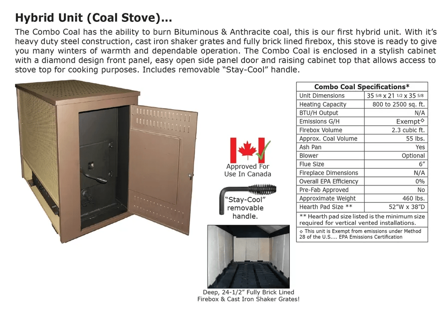 Buck Stove Combo Coal spec sheet: cabinet with side door open, Stay-Cool handle and brick-lined firebox with shaker grates