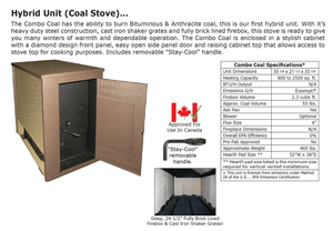 Buck Stove Combo Coal spec sheet: cabinet with side door open, Stay-Cool handle and brick-lined firebox with shaker grates