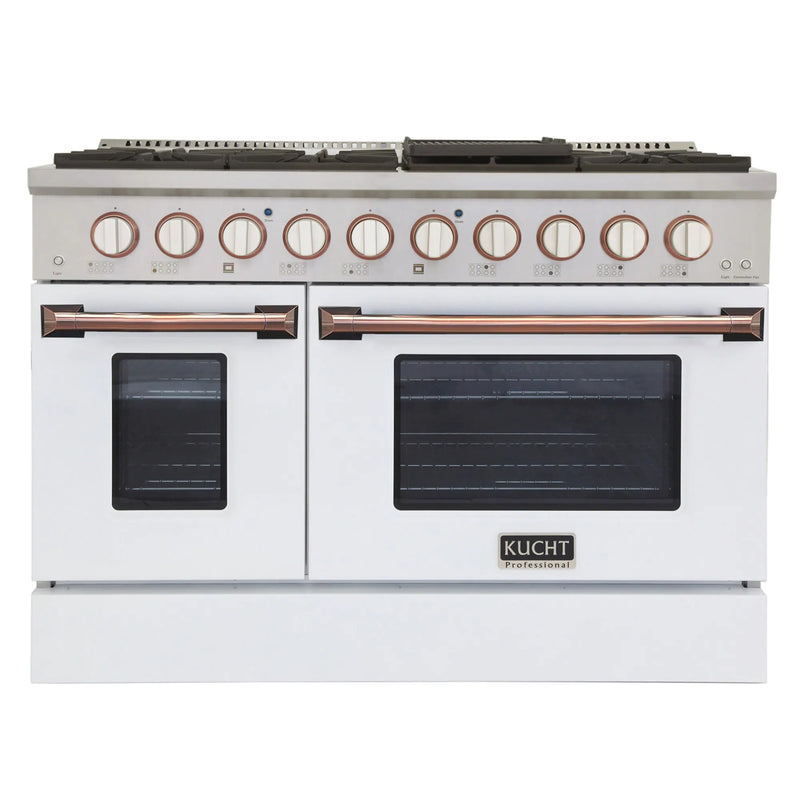 Kucht Signature 48-Inch Pro-Style Dual Fuel Range in Stainless Steel with White Oven Door & Gold KDF482-W-GOLD