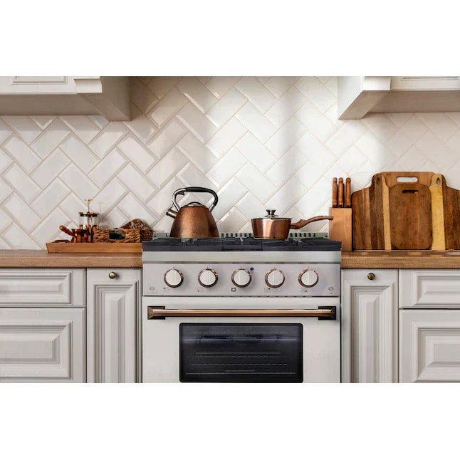 Kucht Signature 36" Gas Range with Convection Oven in White with White Knobs & Gold Handle KNG361-W-GOLD