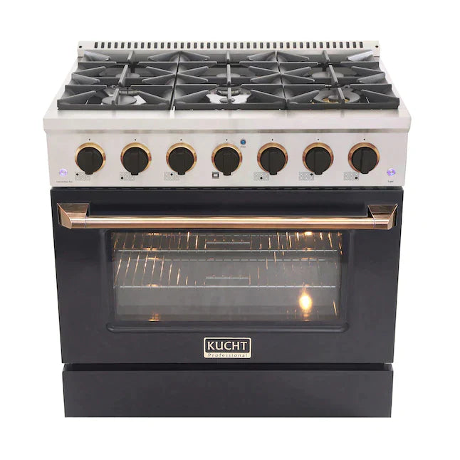 Kucht Signature 36-Inch Pro-Style Dual Fuel Range in Black Oven Door & Gold Accents KDF362-K-GOLD