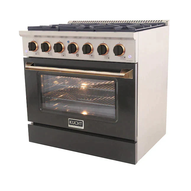 Kucht Signature 36-Inch Pro-Style Dual Fuel Range in Black Oven Door & Gold Accents KDF362-K-GOLD