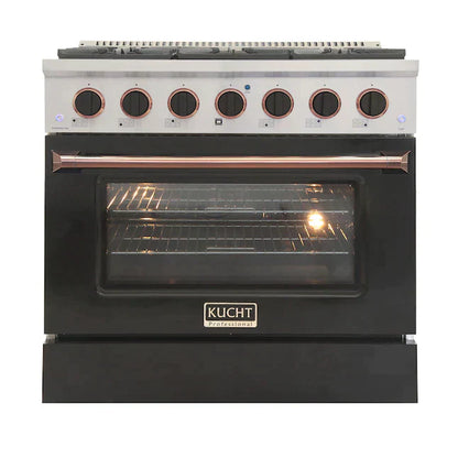 Kucht Signature 36-Inch Pro-Style Dual Fuel Range in Stainless Steel with Black Oven Door & Rose Gold Accents KDF362-K-ROSE