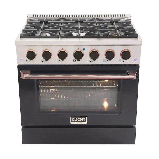 Kucht Signature 36-Inch Pro-Style Dual Fuel Range in Stainless Steel with Black Oven Door & Rose Gold Accents KDF362-K-ROSE