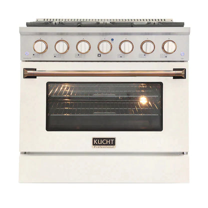 Kucht Series 36-Inch Pro-Style Dual Fuel Range in White Oven Door & Gold Accents KDF362-W-GOLD
