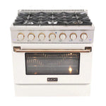 Kucht Signature 36" Gas Range with Convection Oven in White with White Knobs & Gold Handle KNG361-W-GOLD
