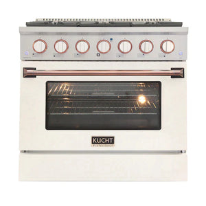 Kucht Signature 36-Inch Pro-Style Dual Fuel Range in White Oven Door & Rose Gold Accents KDF362-W-ROSE