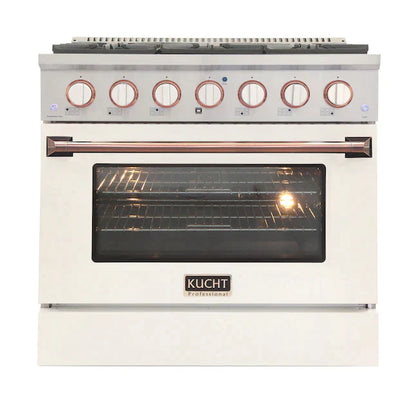 Kucht Signature 36-Inch Pro-Style Dual Fuel Range in White Oven Door & Rose Gold Accents KDF362-W-ROSE