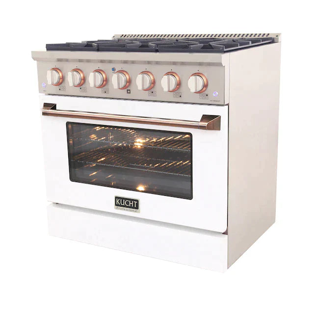 Kucht Signature 36-Inch Pro-Style Dual Fuel Range in White Oven Door & Rose Gold Accents KDF362-W-ROSE