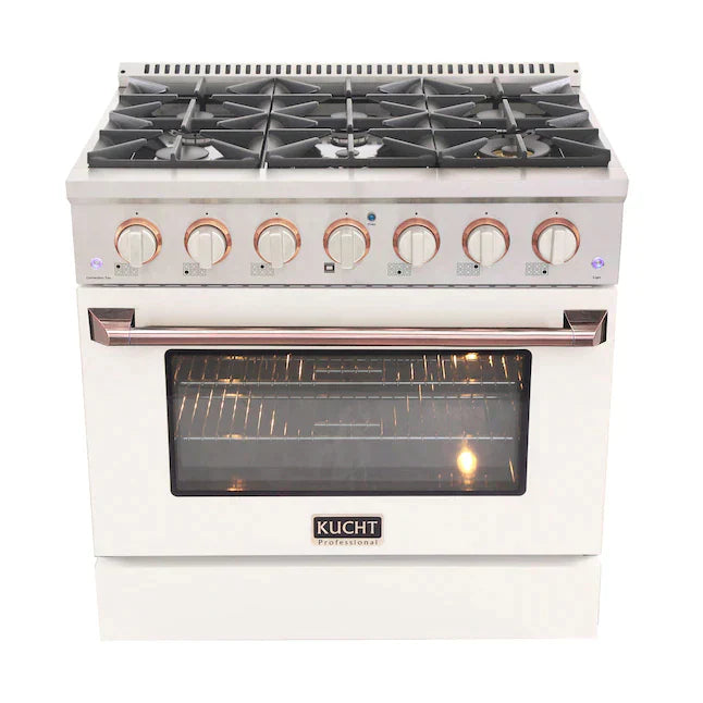Kucht Signature 36-Inch Pro-Style Dual Fuel Range in White Oven Door & Rose Gold Accents KDF362-W-ROSE