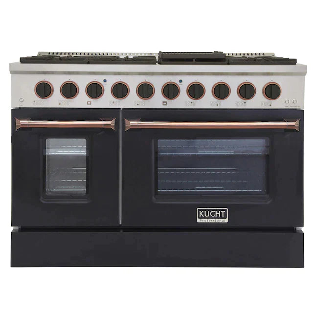 Kucht Signature 48-Inch Pro-Style Dual Fuel Range in Stainless Steel with Black Oven Door & Rose Gold KDF482-K-ROSE