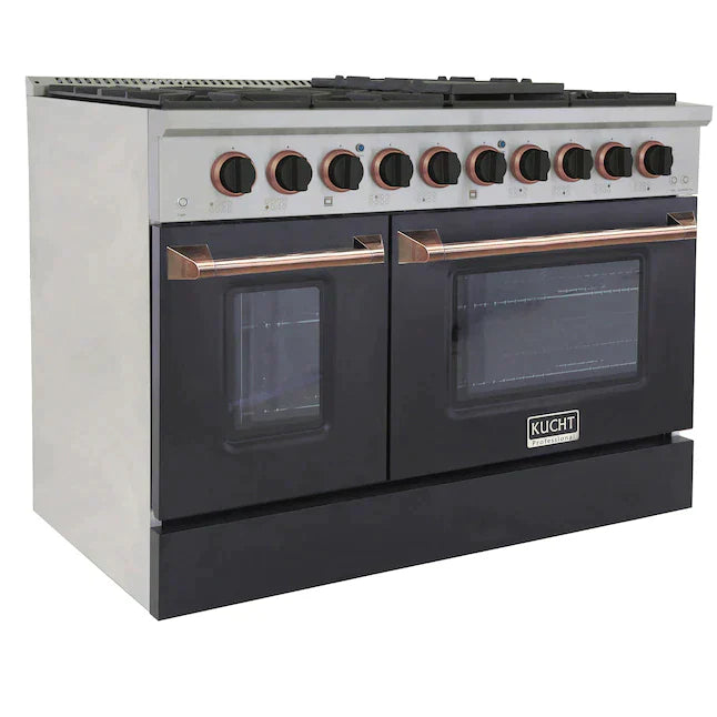 Kucht Signature 48-Inch Pro-Style Dual Fuel Range in Stainless Steel with Black Oven Door & Rose Gold KDF482-K-ROSE