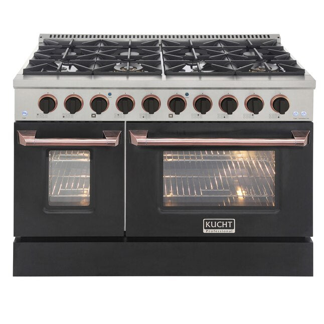 Kucht Signature 48-Inch Pro-Style Dual Fuel Range in Stainless Steel with Black Oven Door & Rose Gold KDF482-K-ROSE