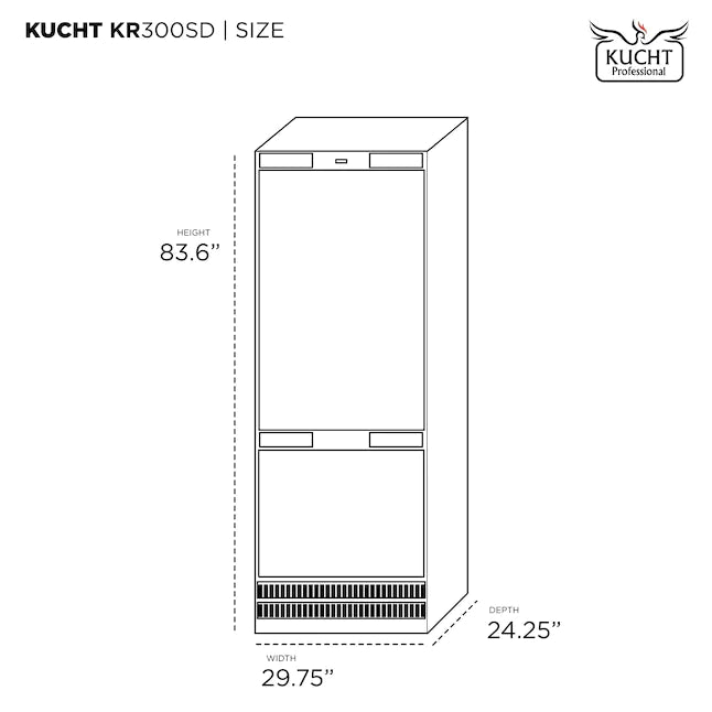 Kucht 30-Inch 17 Cu. Ft. Built-In Refrigerator in Custom Panel Ready, Bottom Freezer, Counter Depth KR300SD