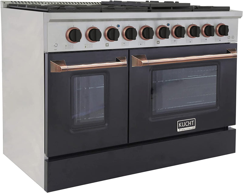 Kucht Signature 48-Inch 6.7 cu ft. Gas Range with Black Door and Rose Gold Accents KNG481-K-ROSE
