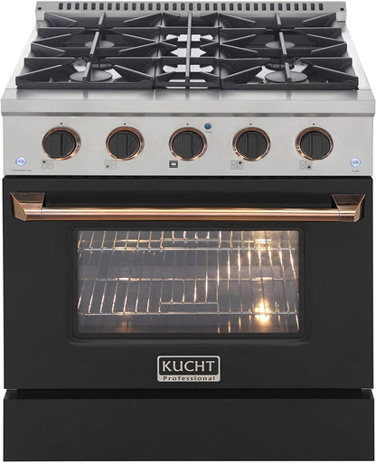 Kucht Signature 30" Gas Range with Convection Oven in Black with Black Knobs & Gold Handle KNG301-K-GOLD