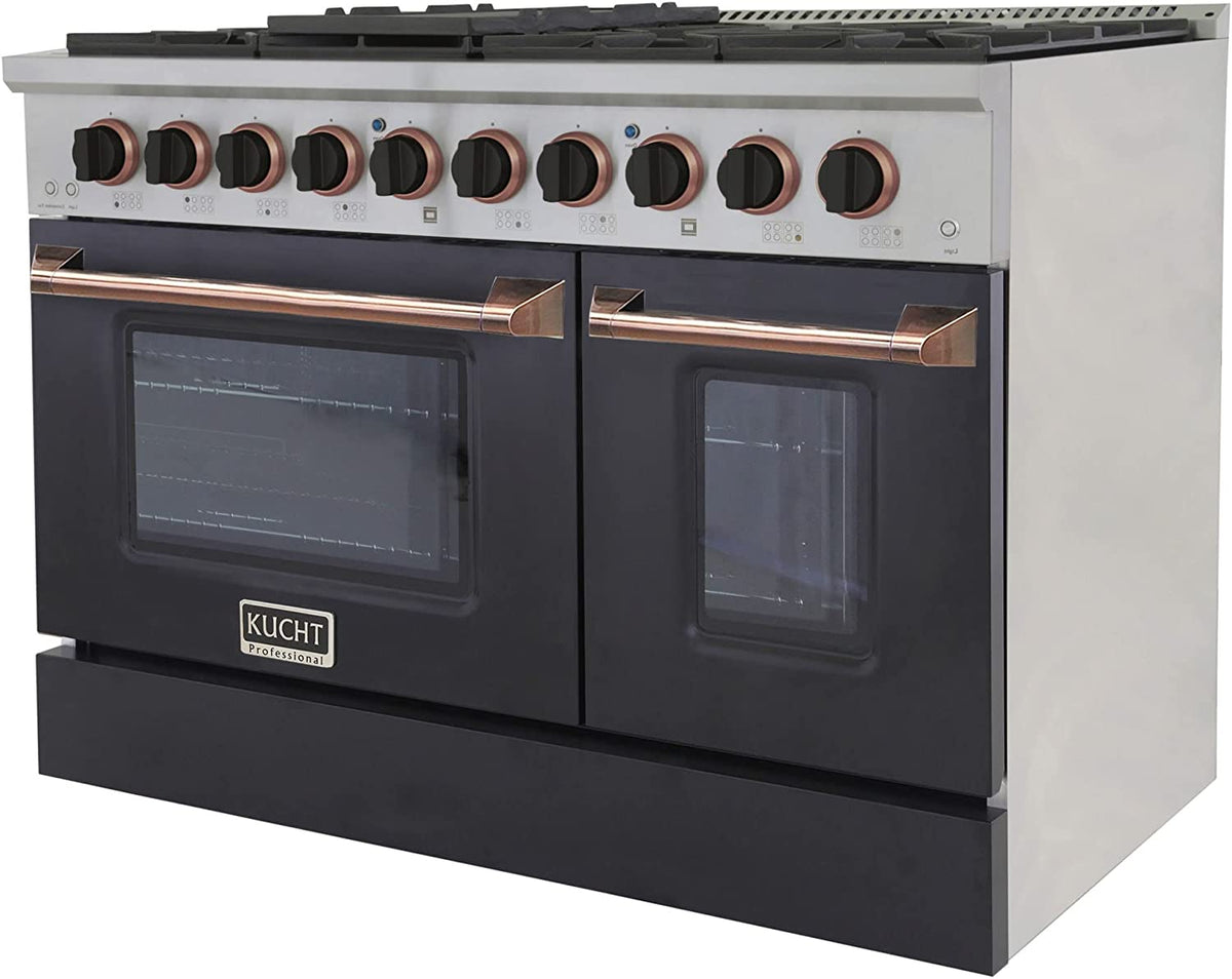 Kucht Signature 48-Inch 6.7 cu ft. Gas Range with Black Door and Rose Gold Accents KNG481-K-ROSE