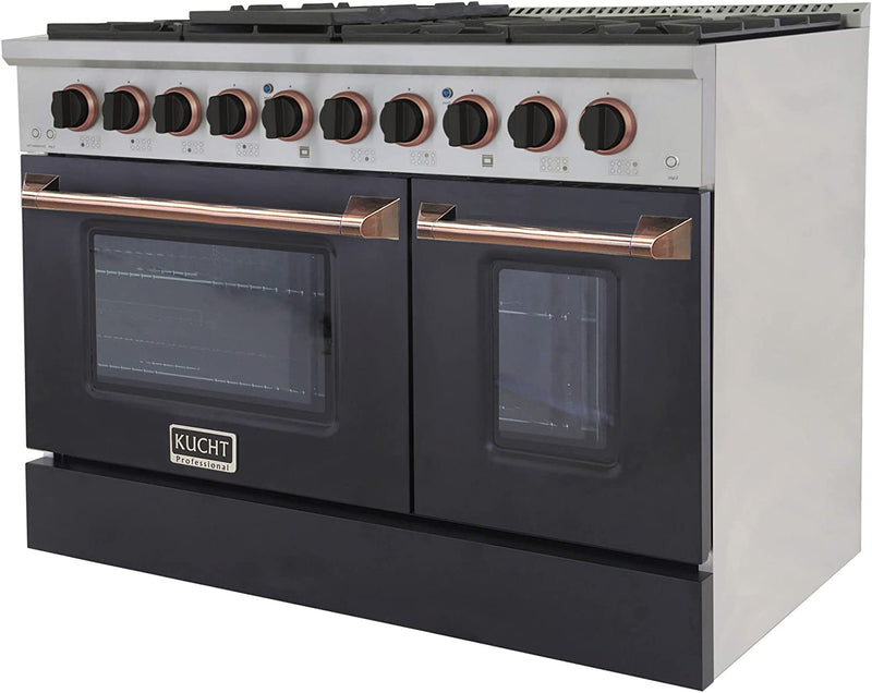 Kucht Signature 48-Inch 6.7 cu ft. Gas Range with Black Door and Rose Gold Accents KNG481-K-ROSE