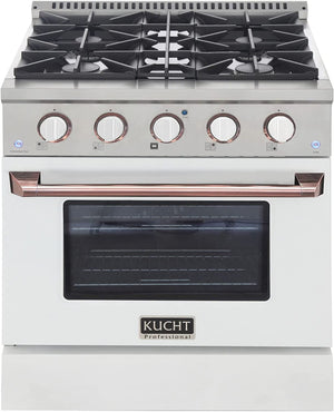 Kucht Signature 30" Gas Range in White with White Knobs & Rose Gold Handle KNG301-W-ROSE