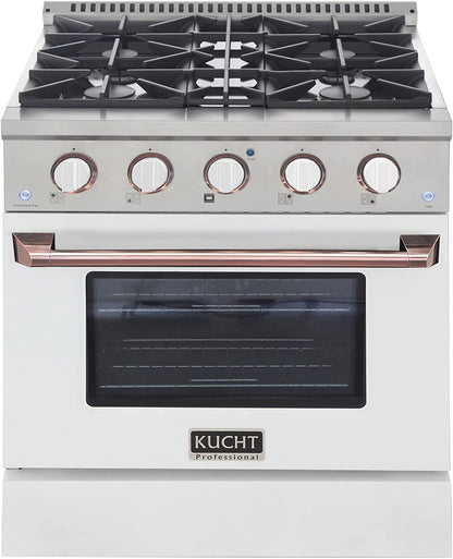 Kucht Signature 30" Gas Range in White with White Knobs & Rose Gold Handle KNG301-W-ROSE