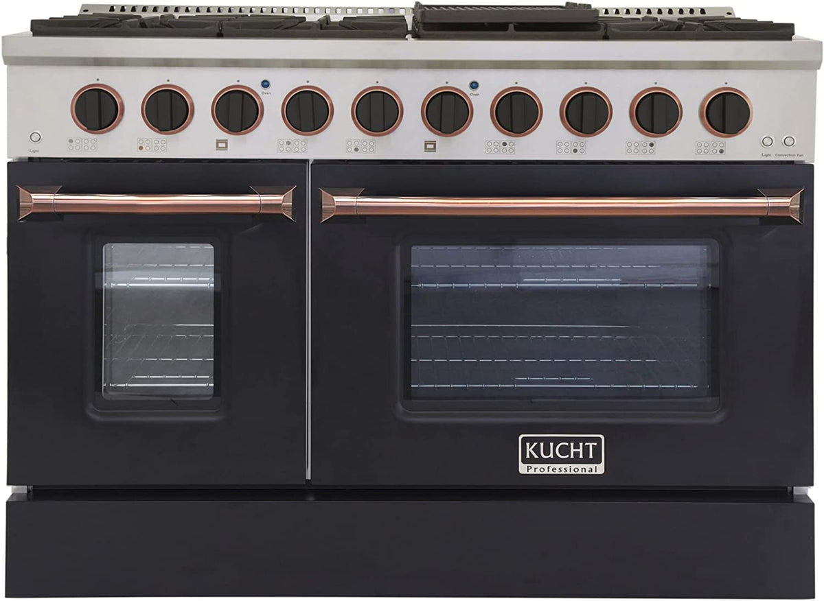 Kucht Signature 48-Inch 6.7 cu ft. Gas Range with Black Door and Rose Gold Accents KNG481-K-ROSE