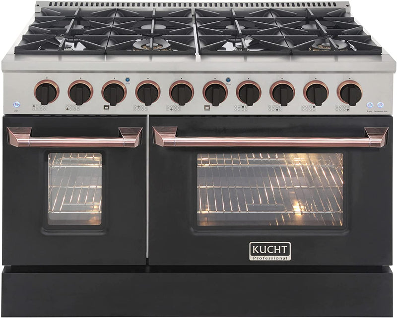 Kucht Signature 48-Inch 6.7 cu ft. Gas Range with Black Door and Rose Gold Accents KNG481-K-ROSE