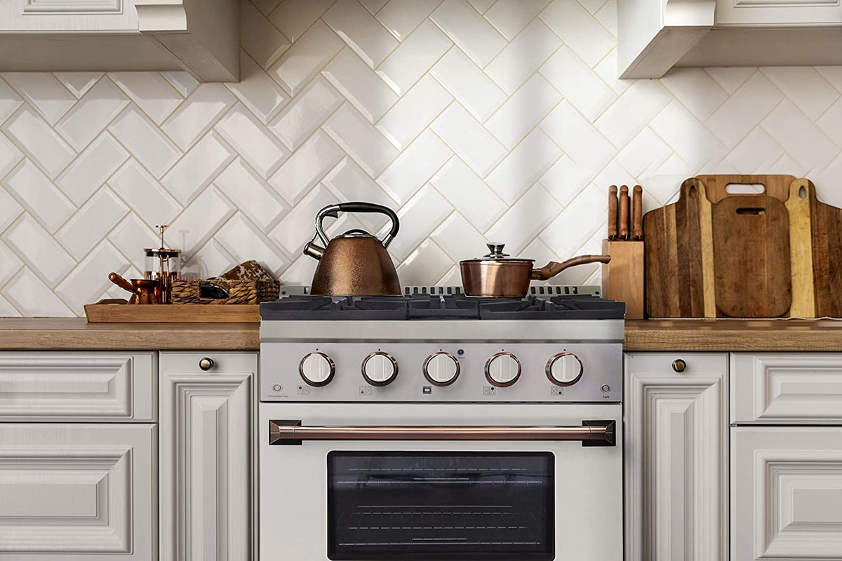 Kucht Signature 30" Gas Range in White with White Knobs & Rose Gold Handle KNG301-W-ROSE