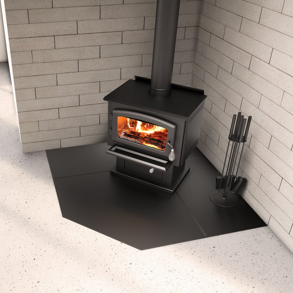 Drolet black steel corner hearth pad AC02789 setup