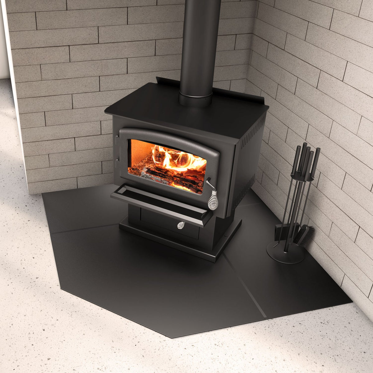 Drolet black steel corner hearth pad AC02790 setup