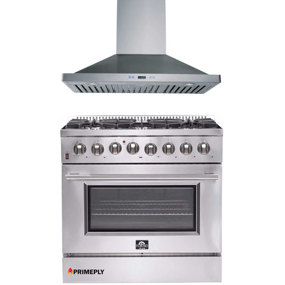 Forno 2-Piece Appliance Package - 36-Inch Dual Fuel Range & Wall Mount Hood in Stainless Steel