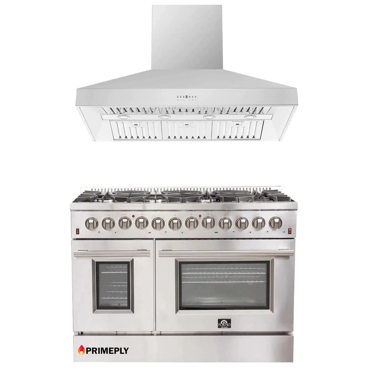 Forno 2-Piece Appliance Package - 48-Inch Dual Fuel Range & Wall Mount Hood in Stainless Steel