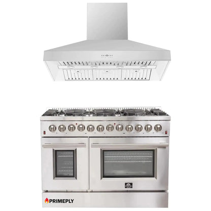 Forno 2-Piece Appliance Package - 48-Inch Dual Fuel Range & Wall Mount Hood in Stainless Steel