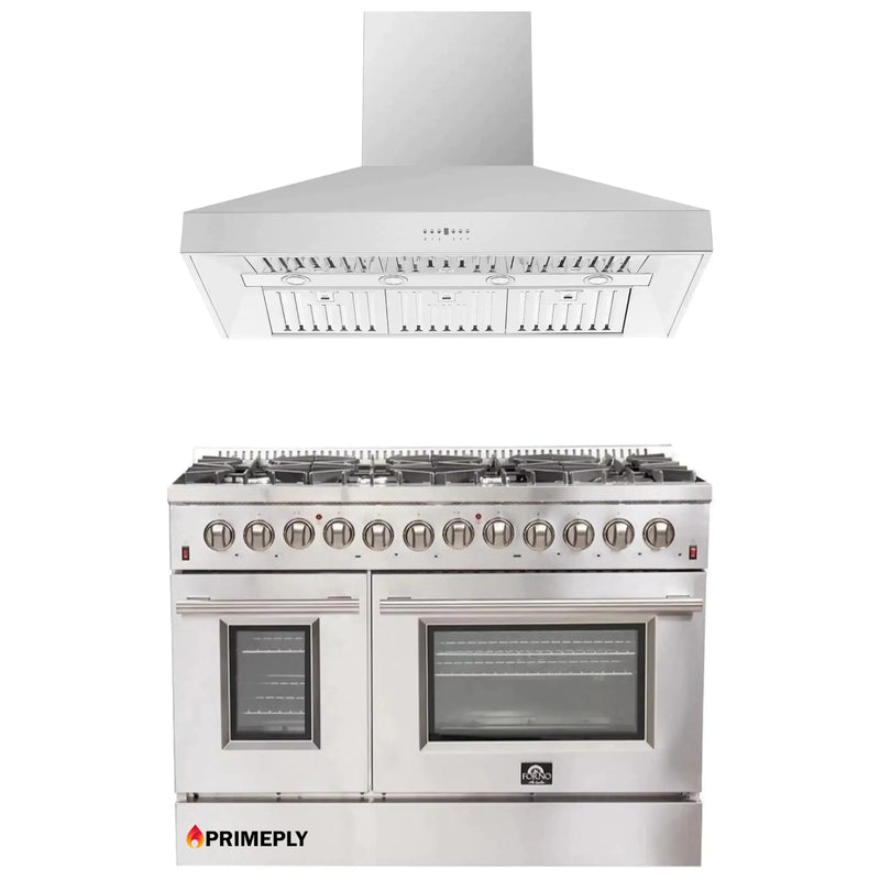 Forno 2-Piece Appliance Package - 48-Inch Dual Fuel Range & Wall Mount Hood in Stainless Steel